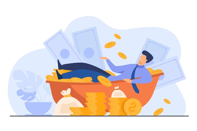 Free vector happy millionaire taking bath with cash. rich man and huge heap of money. vector illustration for financial success, successful businessman, wealth concept