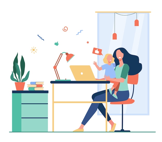 Free vector happy mom combining freelance work and motherhood. woman sitting at workplace at home and holding child in arms. flat vector illustration for freelancer, mother, family and career concept