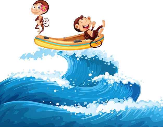 Happy monkey driving boat on ocean wave