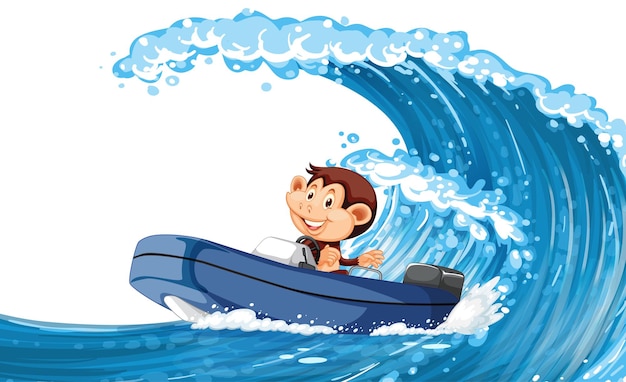 Happy monkey driving boat on ocean wave