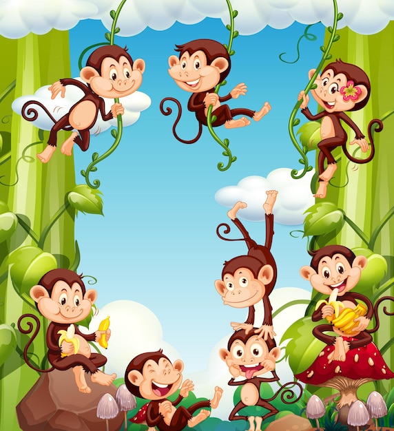 Happy monkeys on nature background