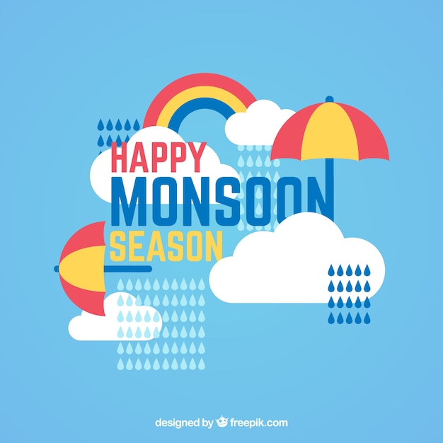 Free Vector happy monsoon background with umbrella and clouds in flat design