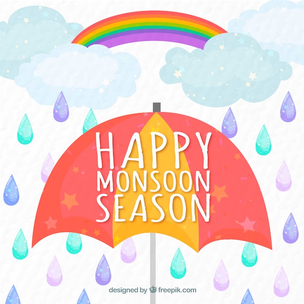 Free Vector happy monsoon umbrella background with drops and rainbow