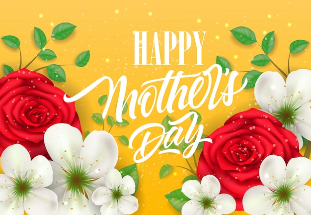 Happy Mother Day lettering with flowers on yellow background. Mothers Day greeting card