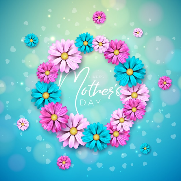 Happy Mother's Day Greeting Card Design with Flower and Typography Letter on Blue Background. 