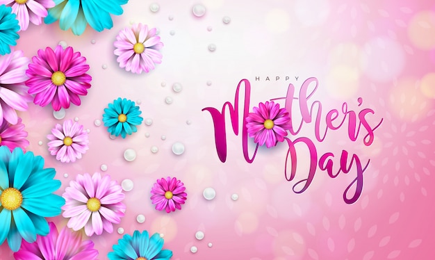 Happy Mother's Day Greeting Card Design with Flower and Typography Letter on Pink Background. 