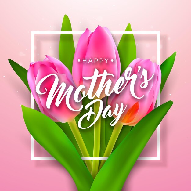 Happy Mother's Day Greeting Card Design with Spring Tulip Flower and Lettering on Pink Background