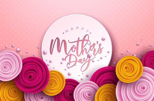 Happy Mother's Day Illustration with Rose Flower Pearl and Typography Letter on Pink Background