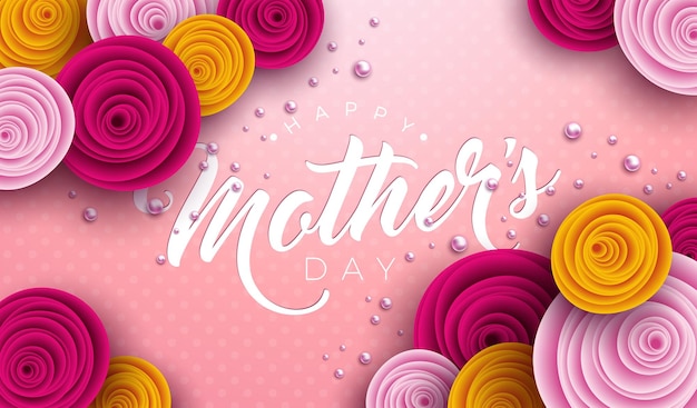 Happy Mother's Day Illustration with Rose Flower Pearl and Typography Letter on Pink Background