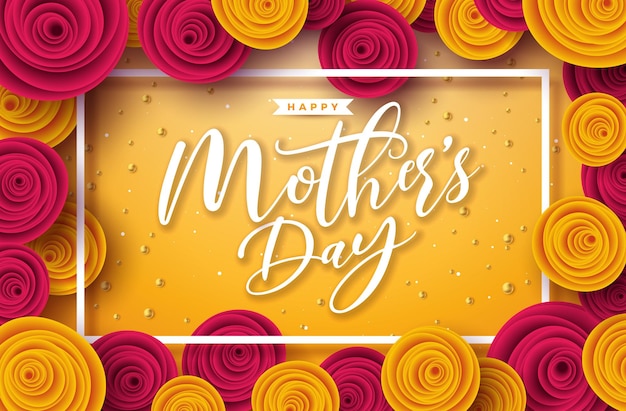 Happy Mother's Day Illustration with Rose Flower Pearl and Typography Letter on Yellow Background