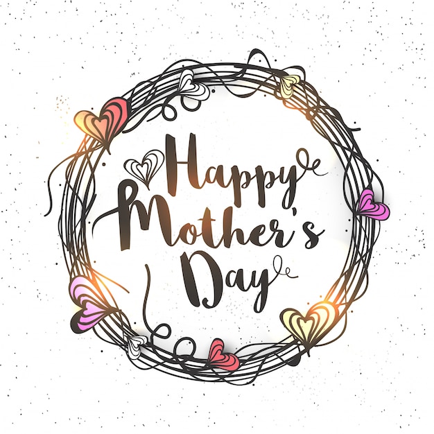 Free Vector  happy mother's day lettering in hearts decorated rounded frame, creative hand drawn greeting card design