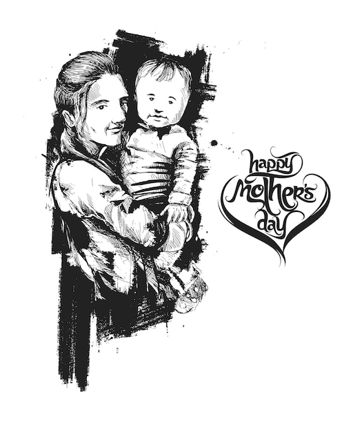 Free vector happy mother's day loving family mother and child sketch design