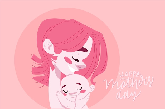 Happy mother with pink hair hugging her child