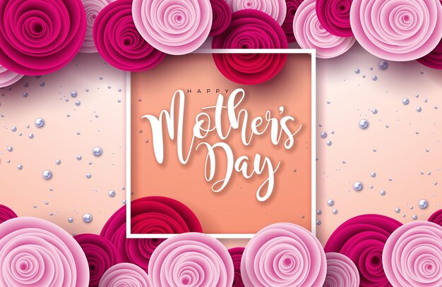 Happy Mothers Day Illustration with Rose Flower Pearl and Typography Letter on Light Pink Background