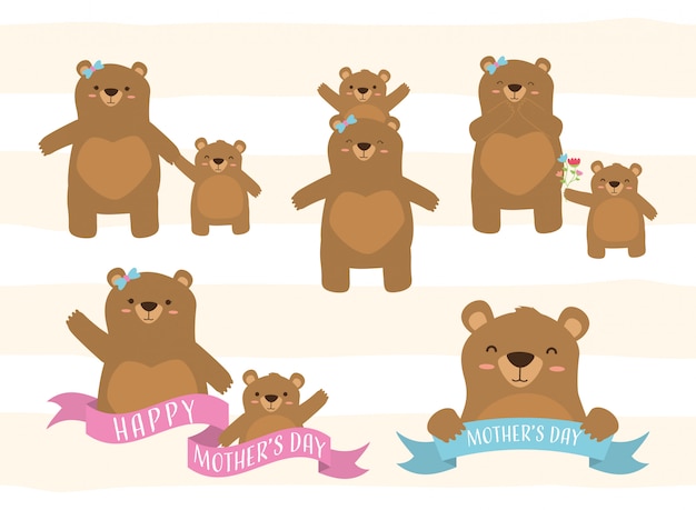 Happy mothers day set of bear mom and a little bear illustration 