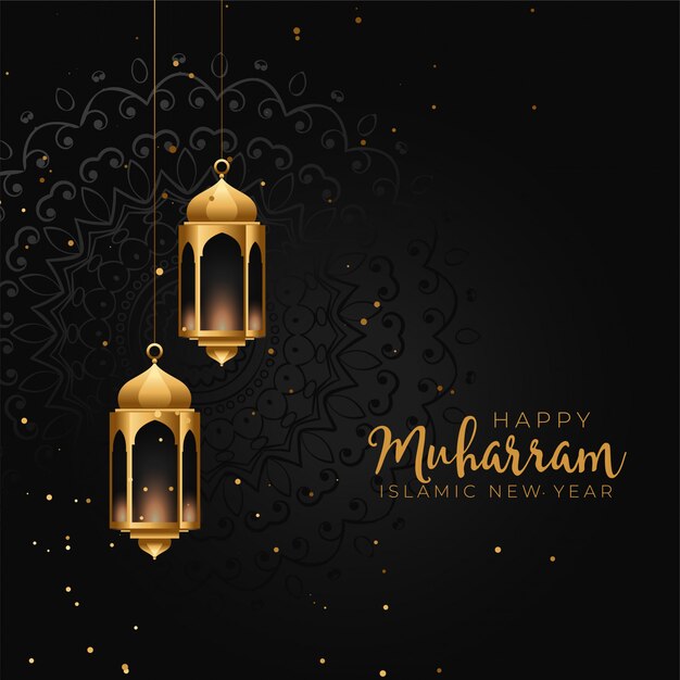 Happy muharram islamic golden lantern on black background