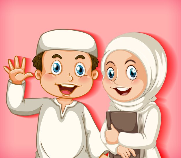 Happy muslim couple on colour gradient background