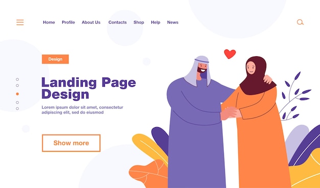 Free vector happy muslim couple holding hands. husband and wife in traditional arabic clothes flat  illustration. love, family, relationship concept , website design or landing web page