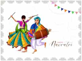 Free vector happy navratri dandiya garba night background with dancing man and woman