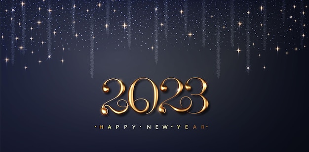 Happy new 2023 Year background with shimmering golden particles on a dark background Holiday greeting banner