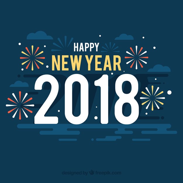 Happy new year 2018 background with fireworks in flat design