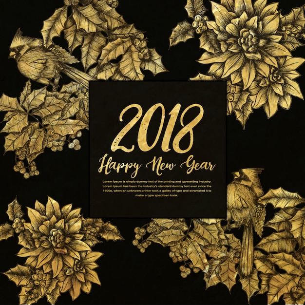 Free vector happy new year 2018 golden background with hatching style