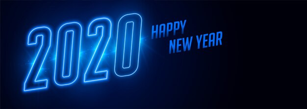 Happy new year 2020 blue neon style banner 