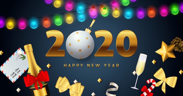 Happy New Year 2020 lettering with lights garlands, champagne 