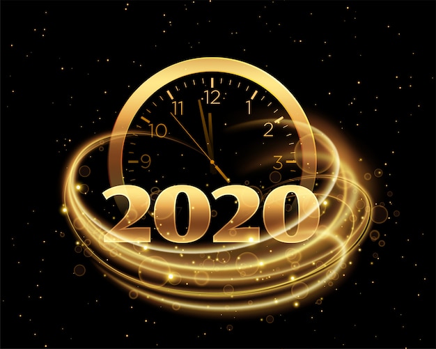 Happy new year 2020 with clock and golden streak