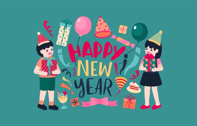 Happy New Year 2021 party Poster or banner with  gift box icons