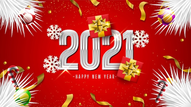 Happy new year 2021 with gift boxes, snowflakes and confetti