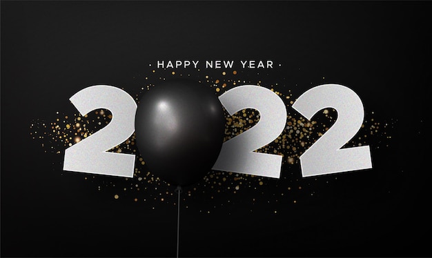 Happy New Year 2022 Card Banner with Realistic Black Balloon