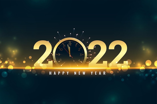 Happy new year 2022 eve celebration card with clock and bokeh lights