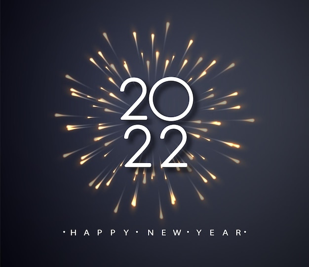 Happy New Year 2022 of glitter gold fireworks. Vector holydays numbers with sparkle shine for holiday greeting card.