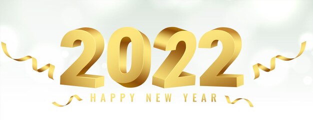 Happy new year 2022 golden 3d text banner with ribbon