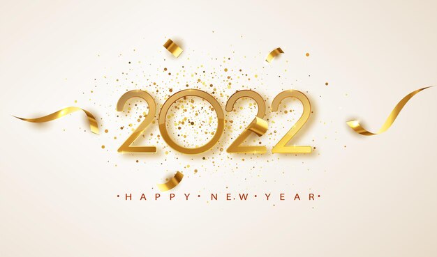 Happy New Year 2022. Golden numbers with ribbons and confetti on a white background. Banner for Christmas and winter holiday headers, party flyers.