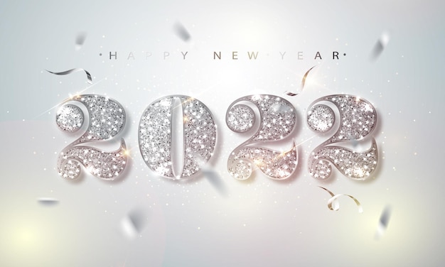 Free Vector happy new year 2022 greeting card with silver numbers and confetti frame on white background. vector illustration. merry christmas flyer or poster design.