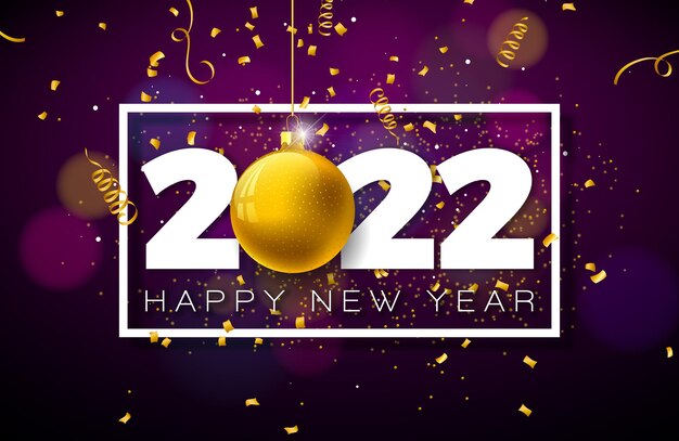 Happy New Year 2022 Illustration with Number and Christmas Ball on Colorful Blurry Background