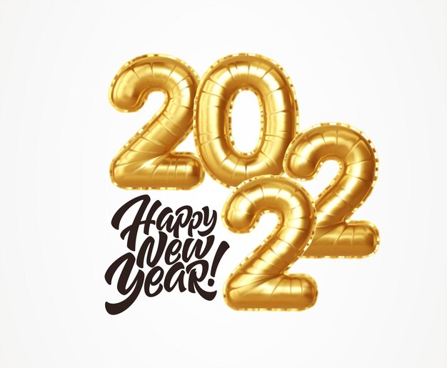 Happy new year 2022 metallic gold foil balloons on a white background. Golden helium balloons number 2022 New Year. Ve3ctor illustration EPS10