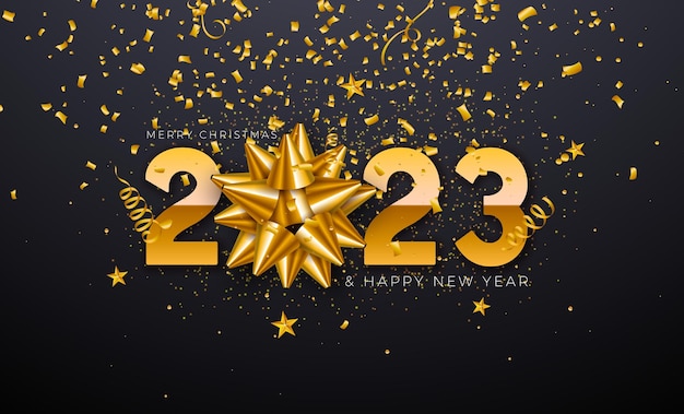 Free vector happy new year 2023 design with gold ornamental ball bow and falling confetti on black background