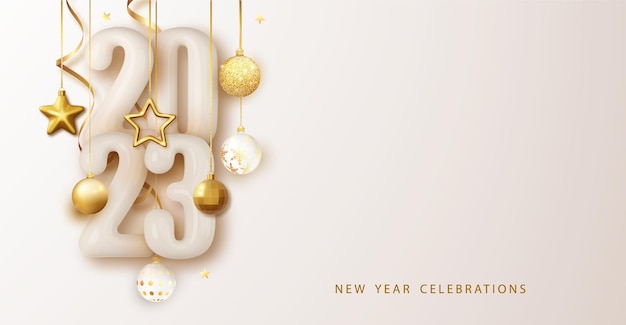 Happy New Year 2023 glossy number Festive design with Christmas decorations balls streamer and garlands