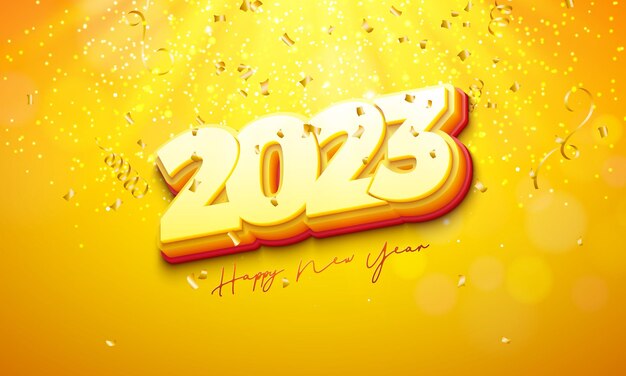 Happy New Year 2023 Illustration with 3d Number and Falling Gold Confetti on Yellow Background