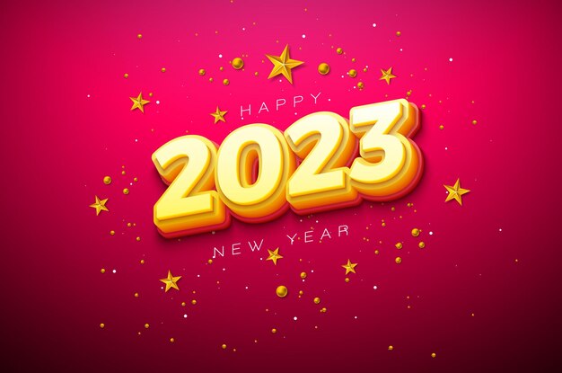 Happy New Year 2023 Illustration with 3d Number and Golden Star on Red Background