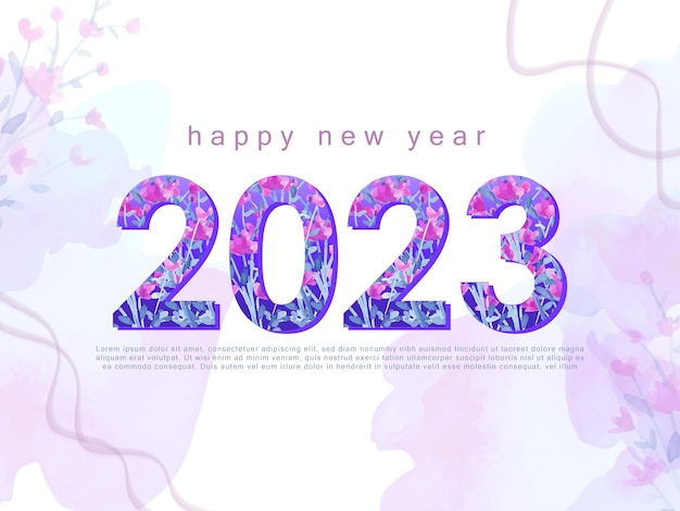 Happy new year 2023 text banner with purple floral painting ornament