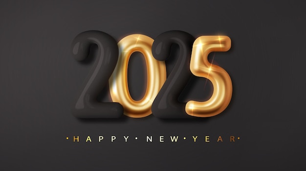 Free Vector happy new year 2025 3d black and golden numbers vector