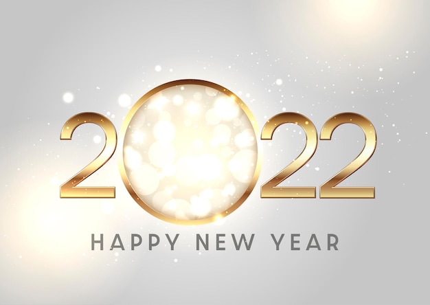 Happy New Year background with gold letters and numbers with bokeh lights and stars design