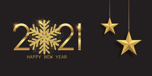 Happy New Year banner with glittery snowflake and hanging stars design