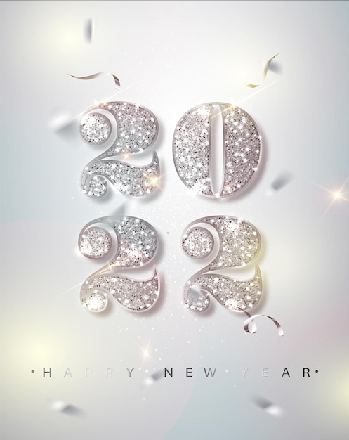 Happy New Year Banner with Silver 2022 Numbers on Bright Background with Flying Confetti.