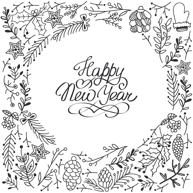 happy new year card with floral decorations