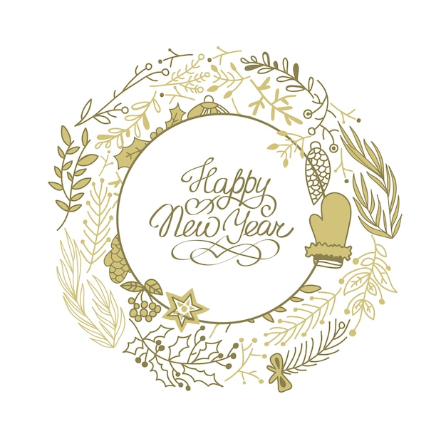 Free Vector happy new year circle beige wreath sketch composition with beautiful cartoons of branches hand drawing illustration